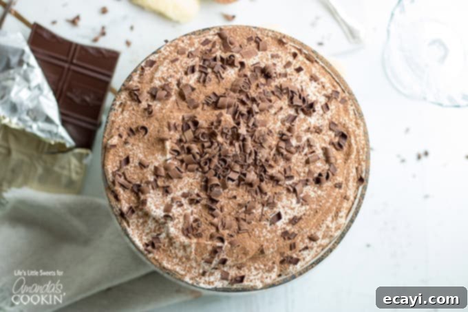 This tiramisu trifle is perfect for all occasions. Tiramisu trifle from above with chocolate shavings