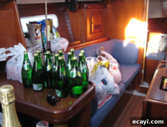 The sheer quantity of groceries we had to store into the boat was frightning at first, but we managed to fit everything in.. The sheer quantity of groceries we had to store into the boat was frightning at first, but we managed to fit everything in.