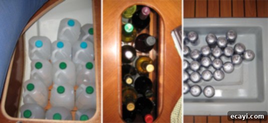 A boat features a lot of hidden storage: water gallons under the seats, wine bottles into the table, beer cans under a floor panel. A boat features a lot of hidden storage: water gallons under the seats, wine bottles into the table, beer cans under a floor panel..