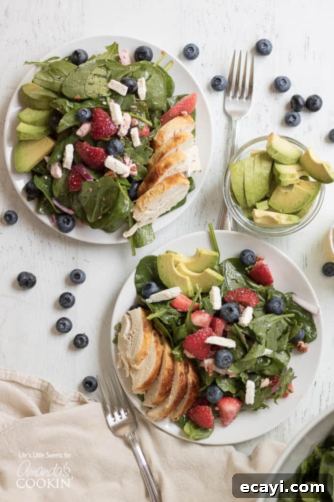 Make this strawberry salad for your next BBQ or potluck! Close-up overhead view of the Strawberry Salad, showcasing avocado, blueberries, and chicken, artfully arranged for a visually appealing dish.