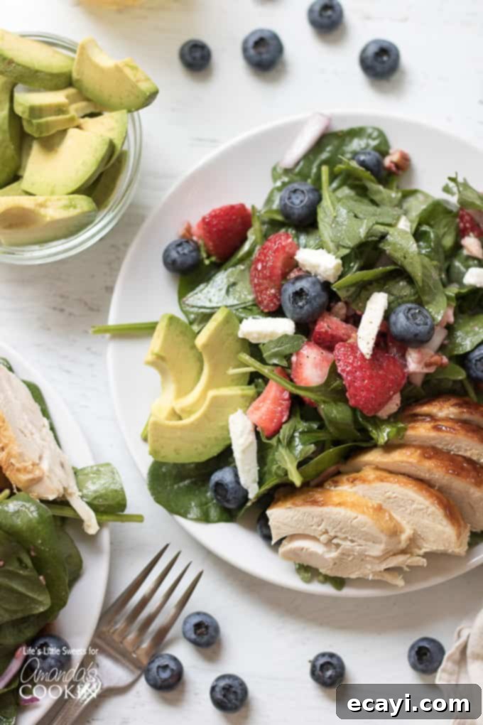 Vibrant Strawberry Salad 2 A serving of strawberry salad, generously topped with fresh blueberries, creamy avocado, and succulent chicken pieces.