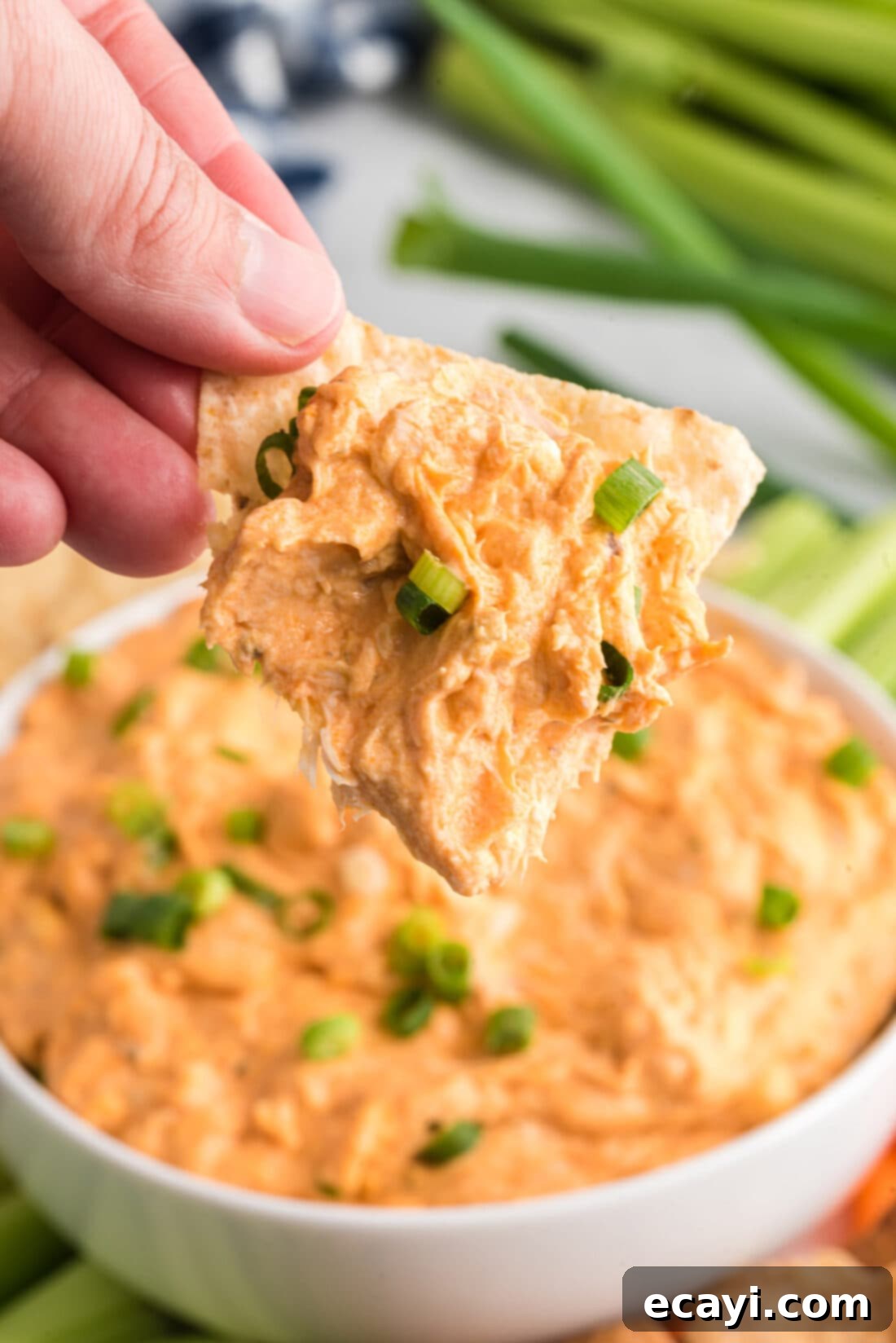 Ultimate Buffalo Chicken Dip 3 A single tortilla chip generously loaded with hot and creamy Buffalo Chicken Dip, showcasing its texture and deliciousness.