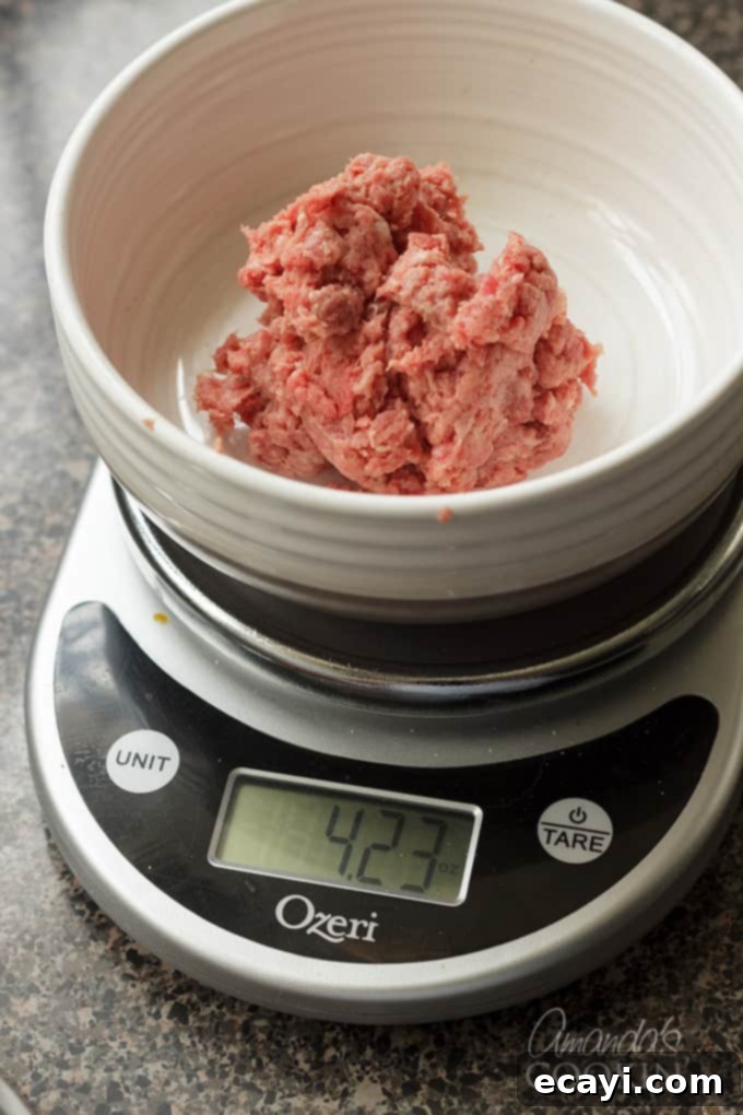 Master Your Backyard Barbecue 3 Weighing ground beef on kitchen scale to ensure even portions for hamburgers