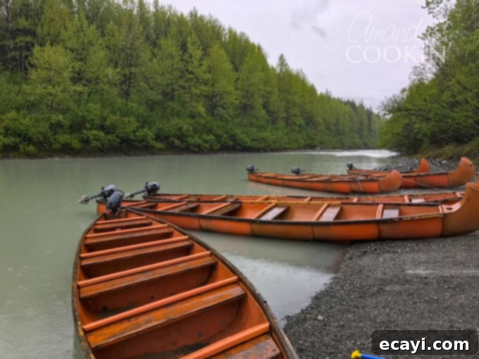 An essential Alaska excursion idea: The Davidson Glacier Canoe Tour, a journey through beautiful Alaska forests and to a magnificent glacier! #alaskancruise #alaskaexcursion #canoetour #glaciertour #skagwayalaska #visitalaska #travelalaska #sponsored #princesscruises @princesscruises #comebacknew voyager canoes on shore, Skagway, Alaska