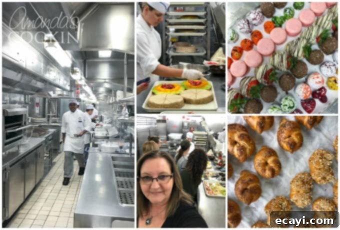 Cruise food is amazing, no denying it! Come home and make delicious recipes that will remind you of your cruise with these Alaskan cruise inspired recipes! #comebacknew #princesscruises #cruisefood #cuiserecipes #alaskarecipes #alaskancruise #travelfood #travelrecipes #sponsored @princesscruises Collage showcasing the meticulously clean and efficient galley of the Island Princess cruise ship, highlighting the behind-the-scenes food preparation.