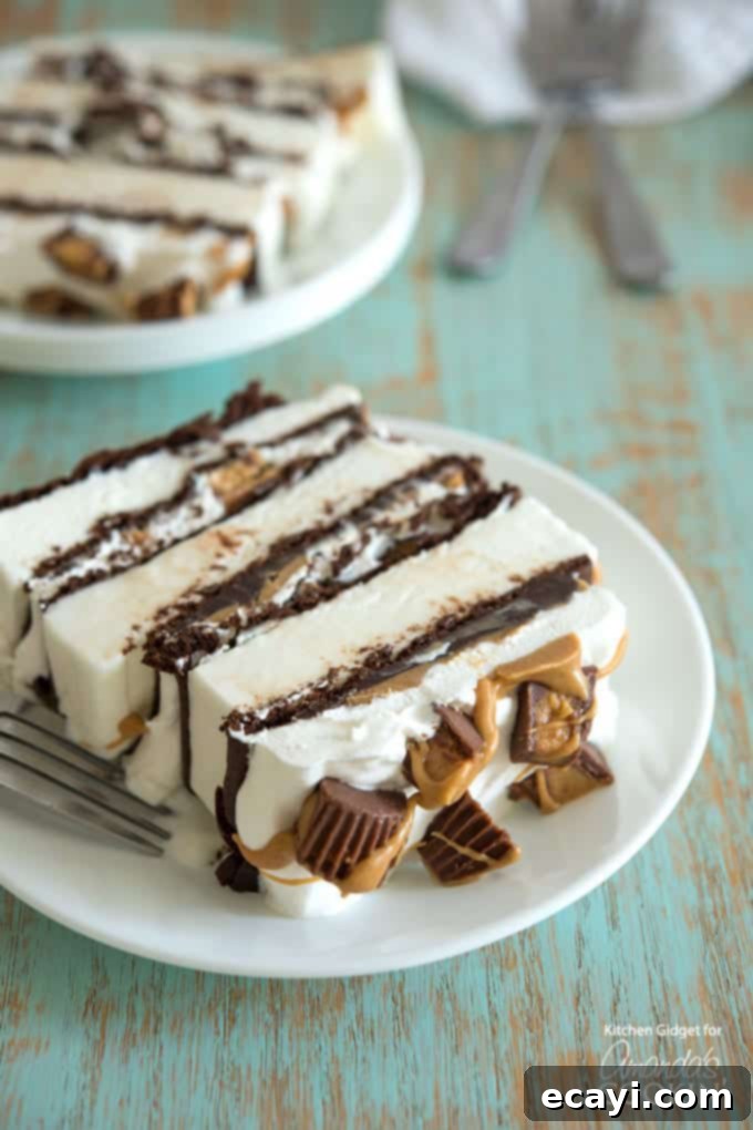 Peanut Butter Ice Cream Sandwich Cake Slice A vibrant slice of Peanut Butter Ice Cream Sandwich Cake on a white plate, showcasing its distinct layers.