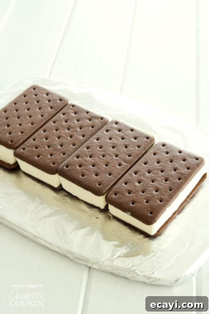 How to make peanut butter ice cream sandwich cake step 1 A visual step-by-step of how to make peanut butter ice cream sandwich cake, showing the first layer of ice cream sandwiches laid out.