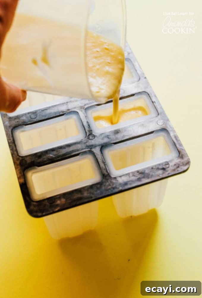 Learn how to make delicious homemade creamsicle popsicles at home! A much healthier option that the creamsicles you buy at the store! With ingredients like orange juice, chopped mango, banana and Greek yogurt, how can you go wrong? #healthydessert #popsicles #homemadepopsicles #healthy #forkids #easy #fruit #popsiclesforkids #homemadepopsiclesforkids #easyhomemadepopsicles #fruitpopsicles #popsiclerecipes #mango #banana #greekyogurt #yogurt #orange #orangejuice #creamsicle A blender pouring the smooth, orange-colored fruit and yogurt mixture into clear popsicle molds.