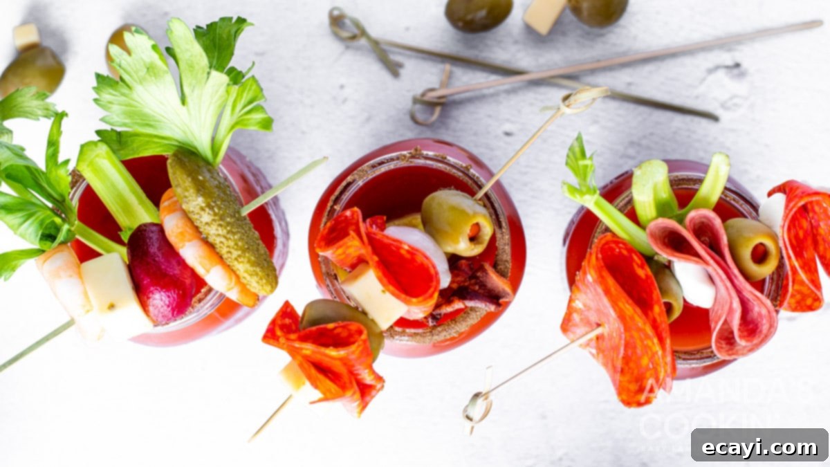 The Curse of Bloody Mary 11 Overhead shot of two Bloody Marys with initial garnishes like celery and meat sticks.