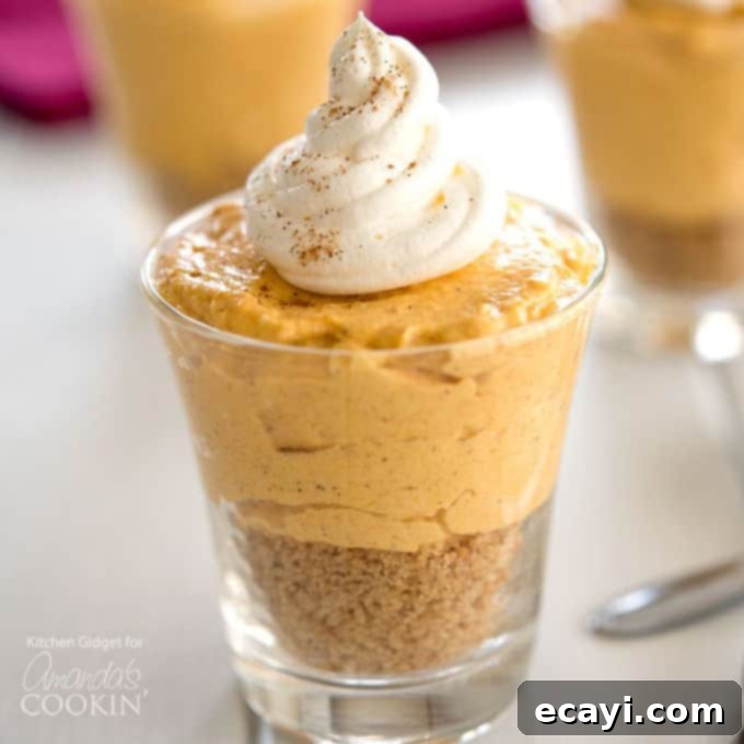 Single-Serve No-Bake Pumpkin Cheesecakes Small glass jar filled with layers of graham cracker crust, creamy pumpkin cheesecake, and whipped topping, creating a charming single-serve dessert.