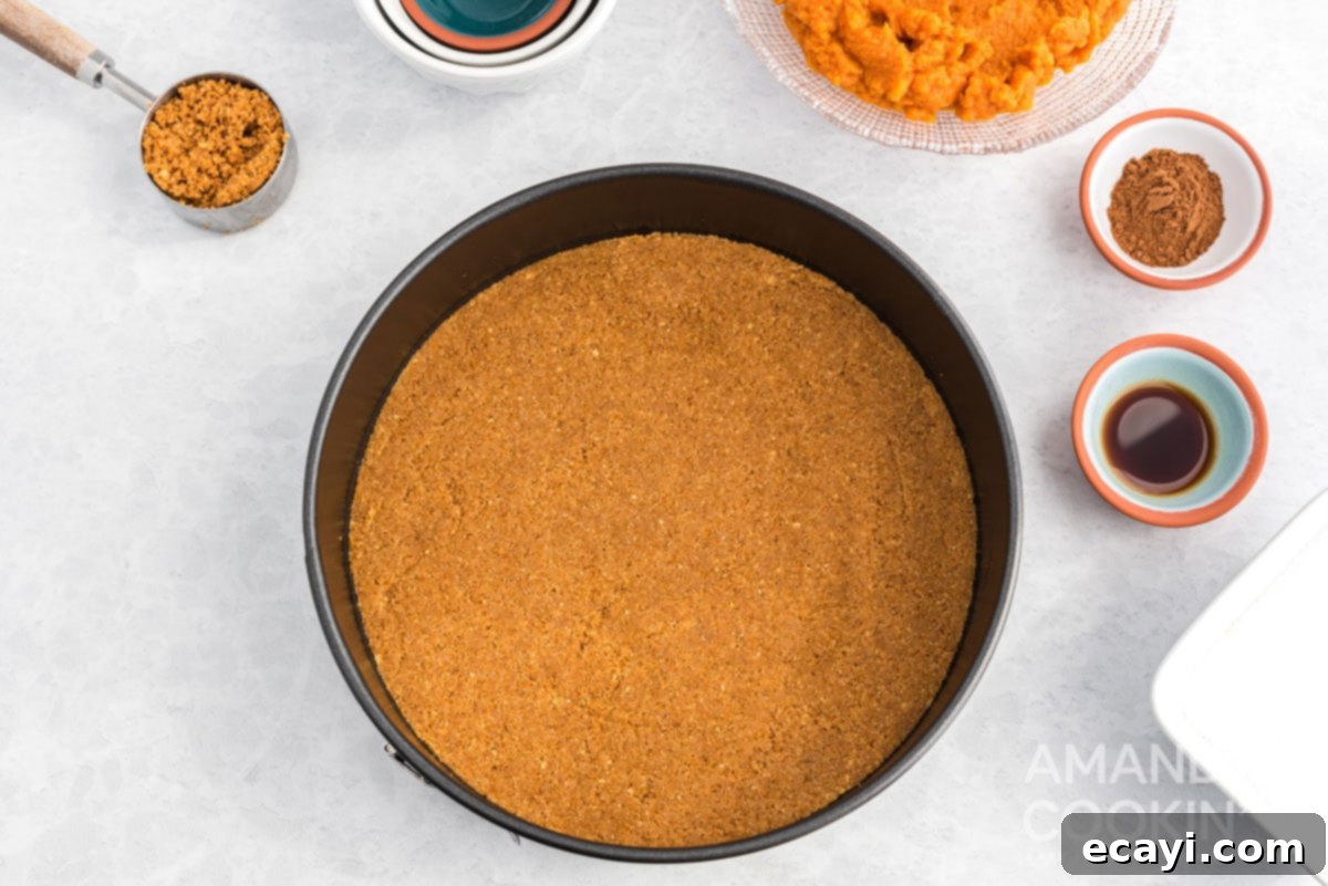 Dreamy No-Bake Pumpkin Perfection 5 Graham cracker crumb crust firmly pressed into the bottom of a springform pan, ready for the filling.