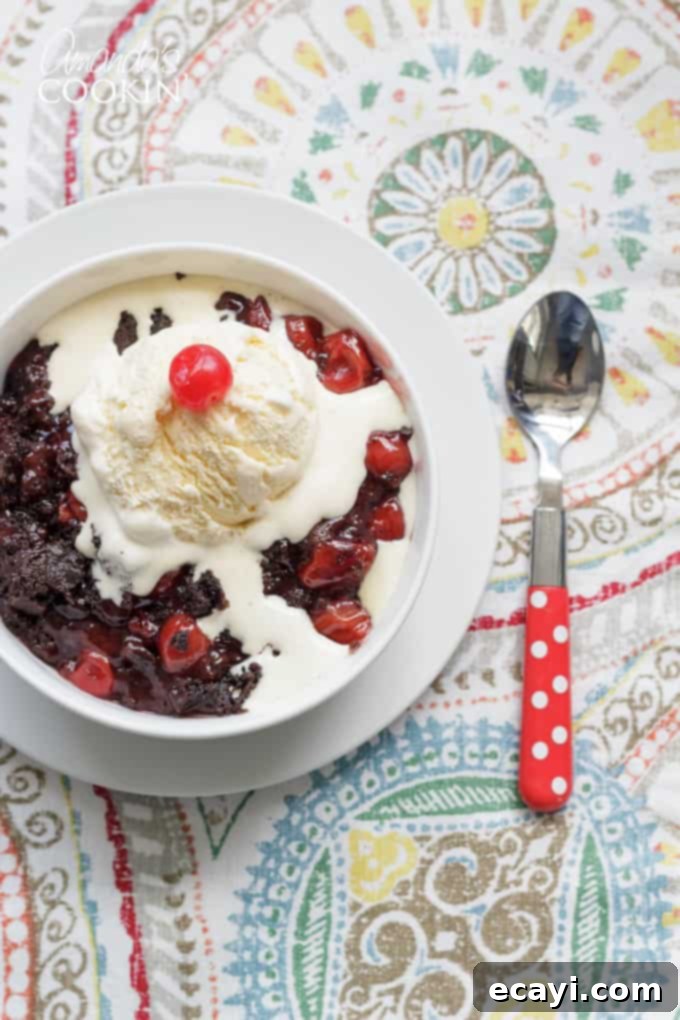 Experience the ease of this crockpot chocolate cherry cobbler, a fantastic slow cooker dessert that brings the flavors of Black Forest Cake to your table in minutes. #crockpotchocolatecherrycobbler #crockpotdesserts #blackforest #chocolatecobbler #chocolatecherrycobbler #crockpotcobbler #cakemixcobbler #cherrypiefilling #chocolatecakemix #crockpot #slowcooker #chocolatedesserts Warm cherry cobbler made in a crockpot, featuring rich chocolate and sweet cherries, ready for a scoop of ice cream.
