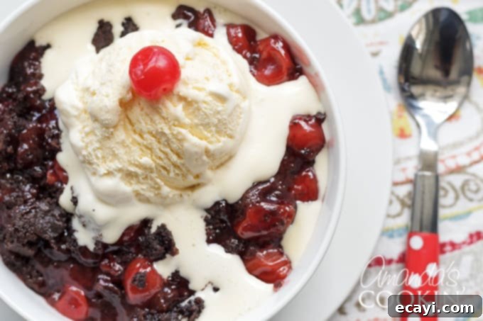 Decadent Slow Cooker Chocolate Cherry Cobbler 2 Close-up of warm, gooey chocolate cherry cobbler with a melting scoop of vanilla ice cream.