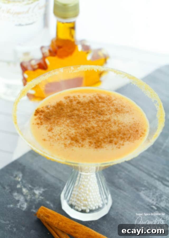 The Perfect Pumpkin Pie Martini for fall! Pumpkin Pie martini garnished with pumpkin spice and maple syrup on the rim, ready for fall.