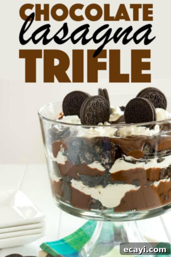 Chocolate Lasagna Trifle - everyone’s favorite dessert lasagna gets layered into a gorgeous trifle with Oreos, cream cheese and chocolate pudding. #chocolate #pudding #lasagna #dessert #dessertrecipes #potlucks #chocolatelasagna #oreos #cookies #trifle Chocolate Lasagna Trifle!
