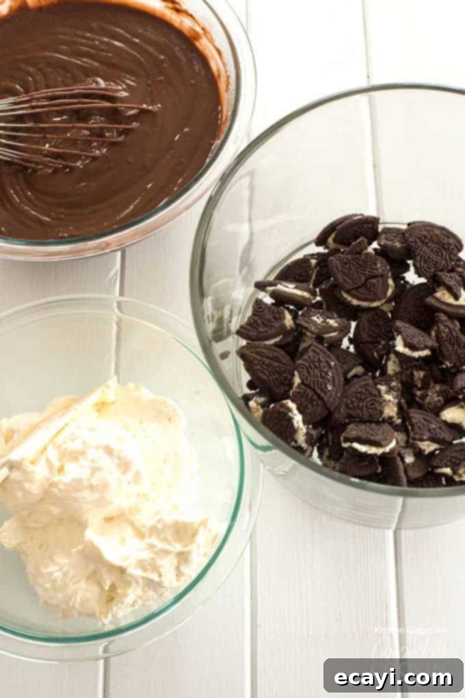 How to make Chocolate Lasagna Trifle Oreos, chocolate pudding, and whipped topping in bowls
