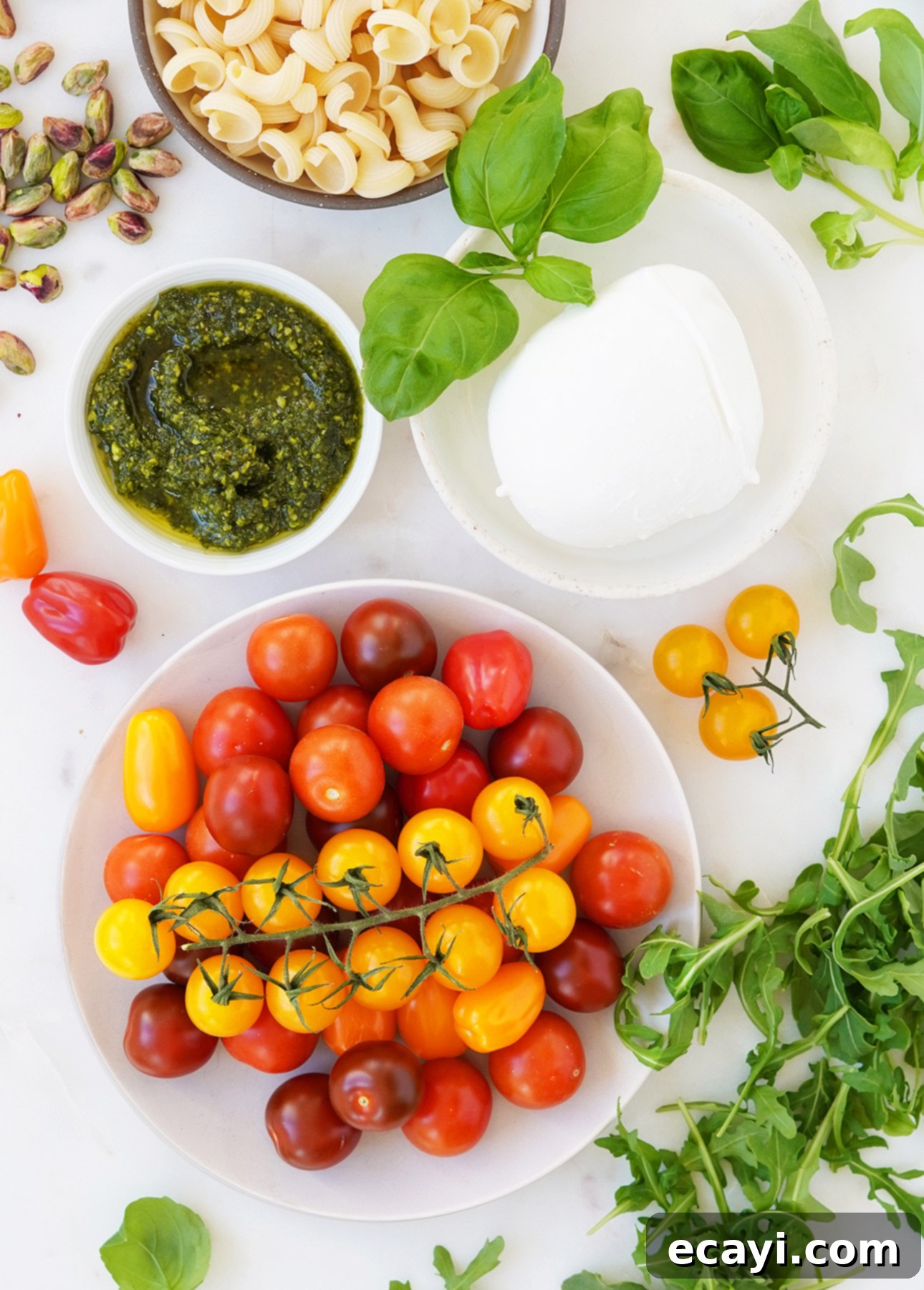 Pistachio Kissed Caprese Pasta Salad 3 The vibrant, fresh ingredients essential for crafting a delicious Caprese Pasta Salad.
