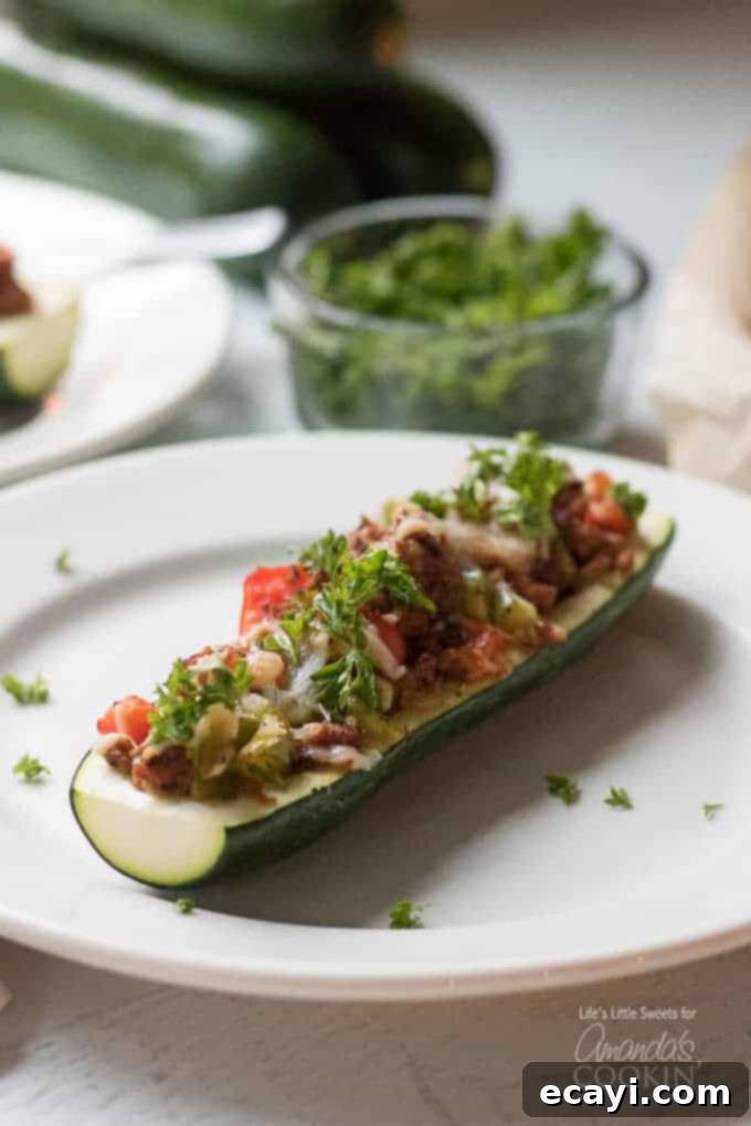 These colorful stuffed zucchini boats are a savory and delicious dinner packed with lean protein and a healthy serving of vegetables. Stuffing zucchini with lean ground turkey, fresh peppers, onions, and grated cheese makes for a tasty low-carb dinner and is a great way to use up all that garden zucchini! #zucchiniboats #stuffedzucchini #zucchinirecipes #lowcarbdinners #lowcarbrecipes #groundturkey #zucchini #amandascookin Colorful stuffed zucchini boats ready to be served
