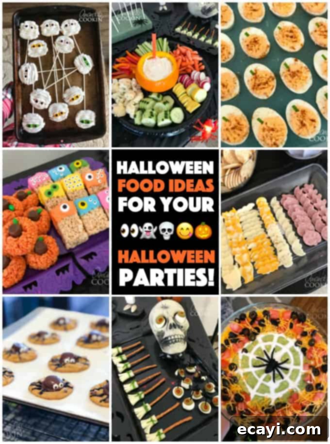 If you need Halloween food ideas for your Halloween party, be sure to check out all these sweet, savory and beverage ideas! Something for everyone. #halloweenrecipes #halloweenfoodideas #halloweenfood #halloweentreats #halloweenpartyfood #mummycookies #mozarellaeyeballs #spidertacodip #spidercookies #ricekrispypumpkins #ricekrispymonsters #dipinapumpkin #halloweenparty halloween food ideas
