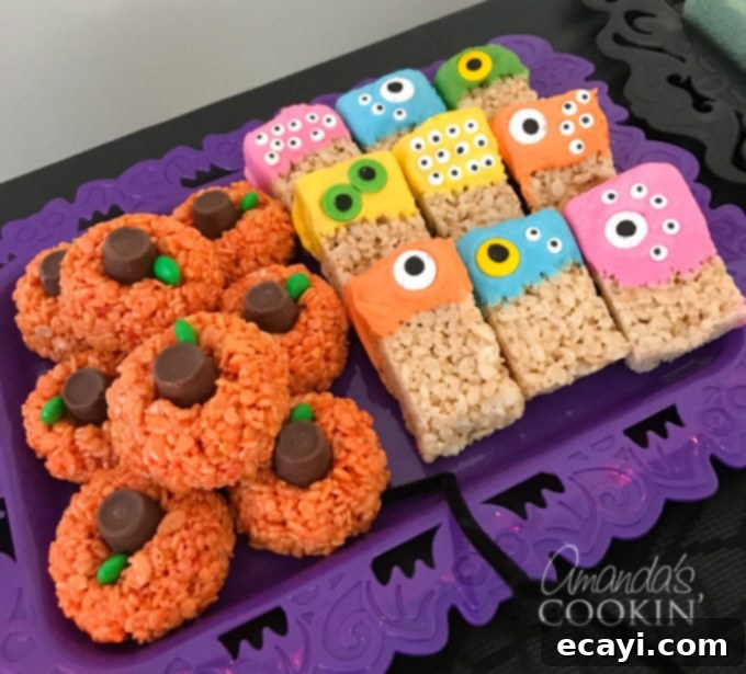 If you need Halloween food ideas for your Halloween party, be sure to check out all these sweet, savory and beverage ideas! Something for everyone. #halloweenrecipes #halloweenfoodideas #halloweenfood #halloweentreats #halloweenpartyfood #mummycookies #mozarellaeyeballs #spidertacodip #spidercookies #ricekrispypumpkins #ricekrispymonsters #dipinapumpkin #halloweenparty rice krispy treat pumpkins and monsters