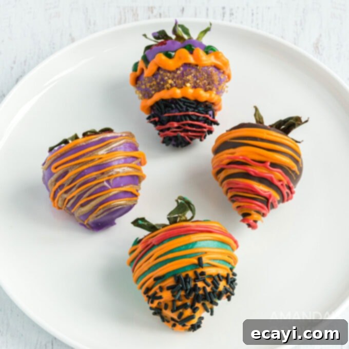 Ghoulish Grub for Your Halloween Bash 9 HALLOWEEN THEMED CHOCOLATE COVERED STRAWBERRIES ON A PLATE