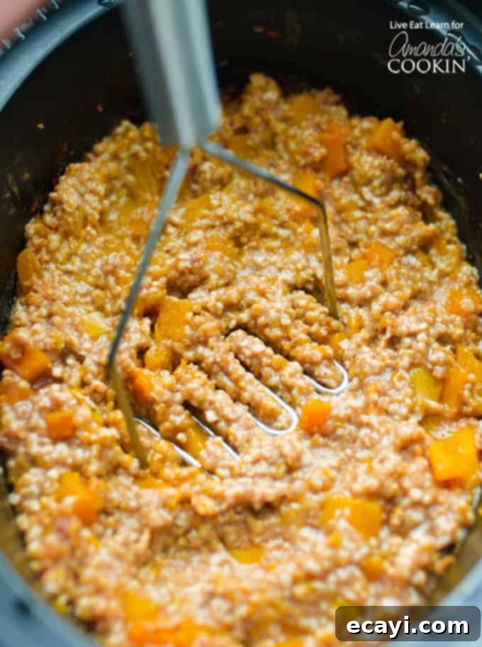 Butternut Squash Oatmeal Mashing the soft butternut squash into the cooked oatmeal directly in the crockpot