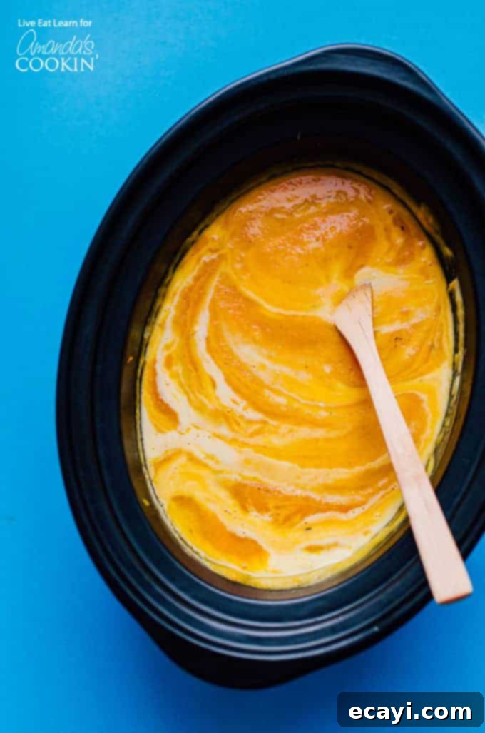 Slow Cooker Butternut Squash Soup - Easy & Creamy Fall Favorite Slow Cooker Butternut Squash Soup in crockpot with wooden spoon