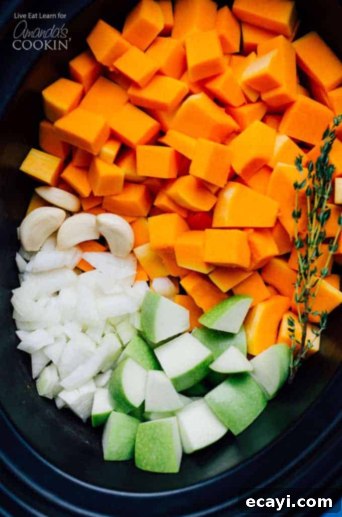 How to make butternut squash soup in a slow cooker Chopped ingredients including butternut squash, onion, apple, garlic in slow cooker before cooking