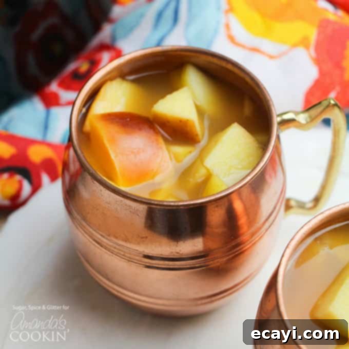Ghostly Gradient Punch 4 A cozy copper mug filled with warm caramel apple cider, garnished with cinnamon stick and apple slices