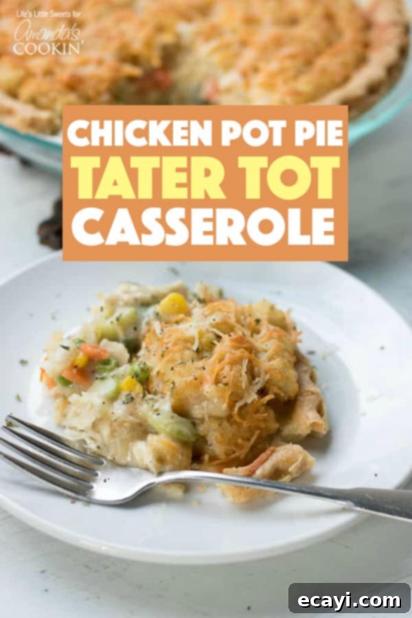 This chicken pot pie tater tot casserole has chicken, pie crust, tater tots, and mixed vegetables all combined into one tasty dish! #tatertot #casserole #dinnerrecipes #dinner #potpie #chickenpotpie #casserolerecipes #vegetables #easydinnerrecipes Chicken Pot Pie Tater Tot Casserole