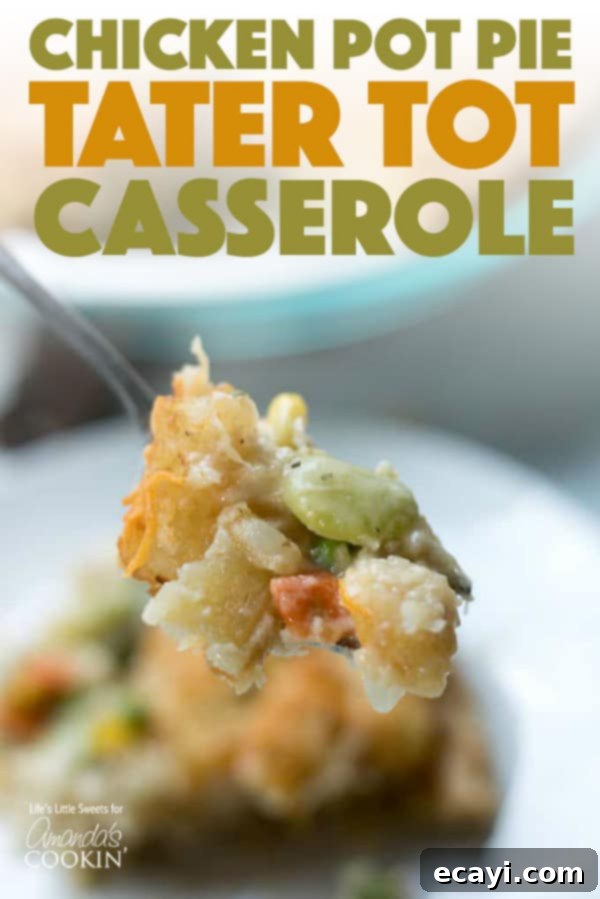 This chicken pot pie tater tot casserole has chicken, pie crust, tater tots, and mixed vegetables all combined into one tasty dish! #tatertot #casserole #dinnerrecipes #dinner #potpie #chickenpotpie #casserolerecipes #vegetables #easydinnerrecipes Chicken Pot Pie Tater Tot Casserole