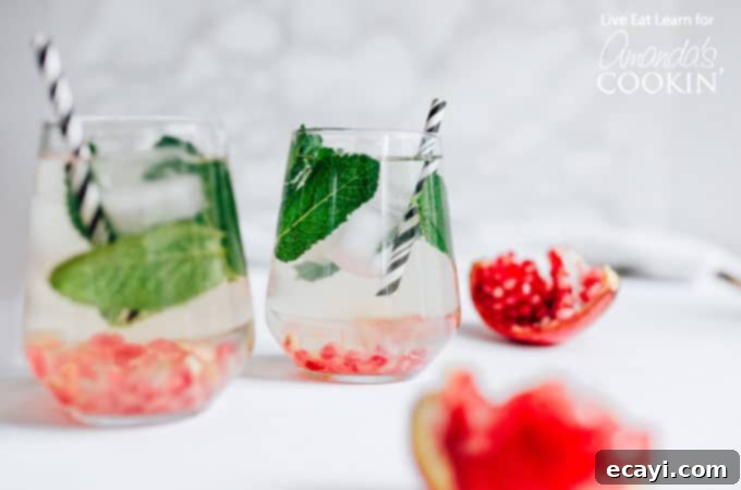 Pomegranate Mint Detox Drinks Ready to Serve Two glasses of Holiday Detox Drink garnished with mint and cranberries, ready to be served.