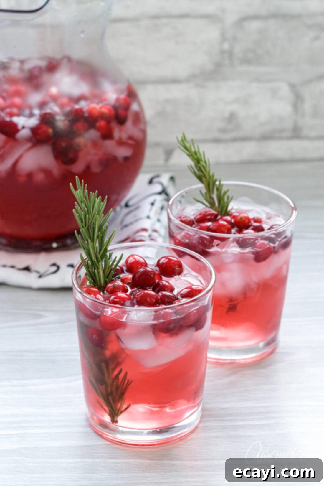 Make this Cranberry Holiday Punch for your Thanksgiving dinner or Christmas party! Cranberry Holiday Punch in a pitcher with rosemary sprigs for garnish, surrounded by fresh cranberries and pomegranate seeds.