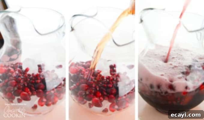 Cranberry Season's Delight 2 Step-by-step instructions: How to make cranberry holiday punch by adding ingredients to a pitcher.