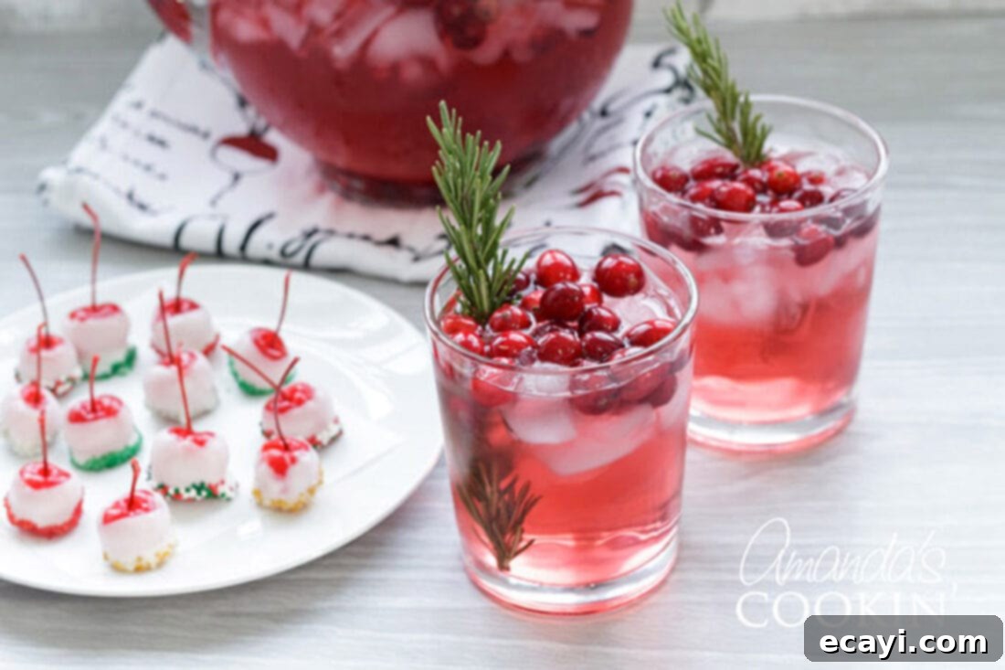 Cranberry Season's Delight 3 Individual glasses of Cranberry Holiday Punch, garnished with spiked cherries, on a festive holiday plate.