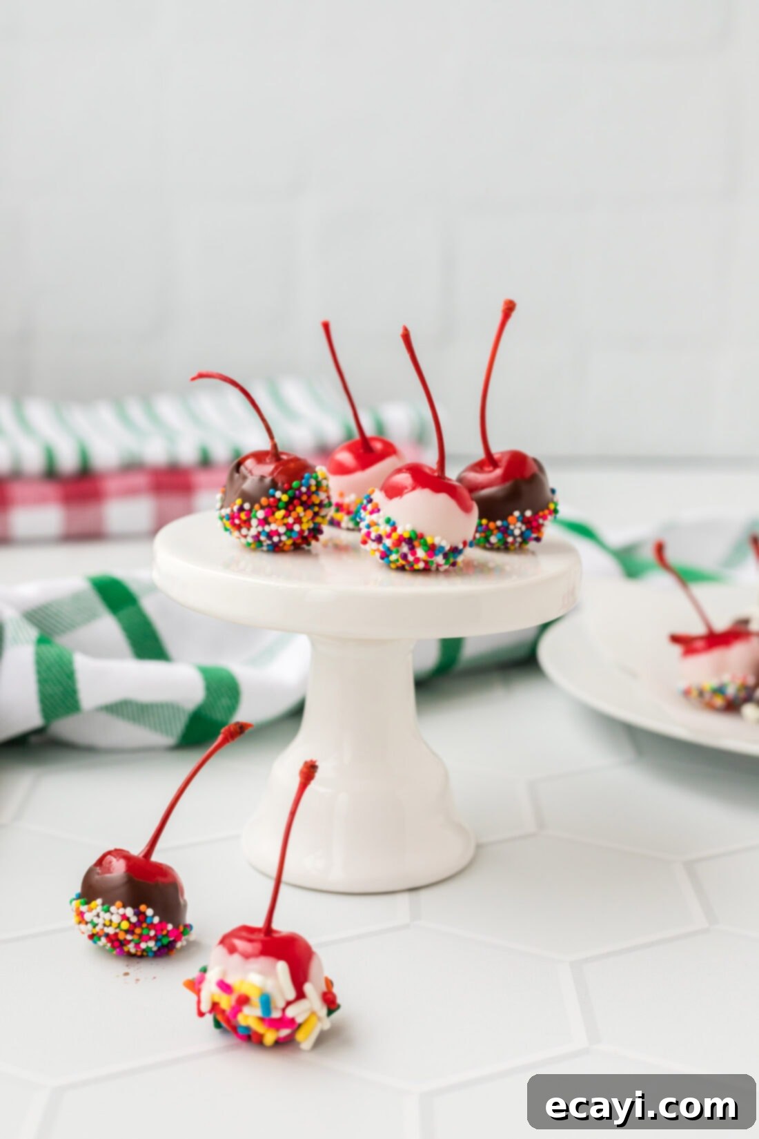 Crimson Edge 2 Vibrantly red spiked cherries artfully arranged on a cupcake stand, ready for a party.