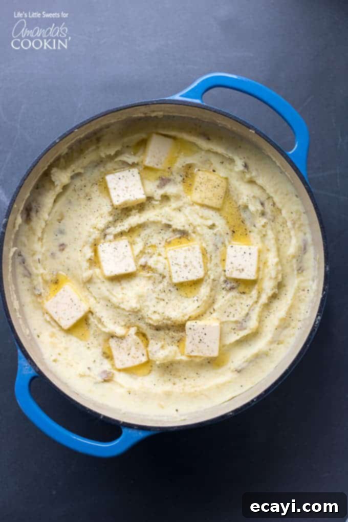 Velvety Mashed Potatoes 2 Creamy Traditional Mashed Potatoes dutch oven overhead shot