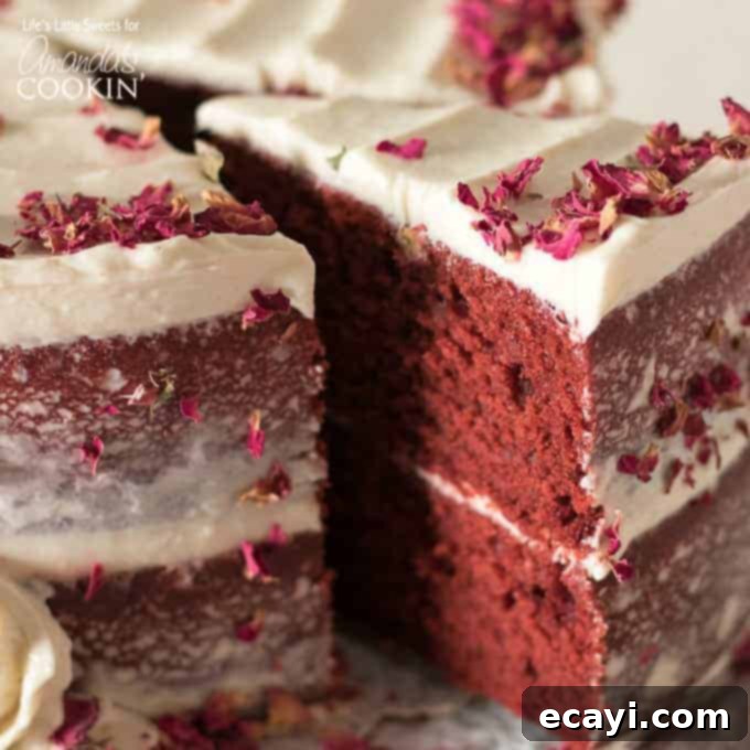 This Red Velvet Cake recipe is a 2-tiered cake recipe that uses red cocoa, espresso powder, and is topped with a delicious cream cheese frosting. slice of red velvet cake being removed with pie server