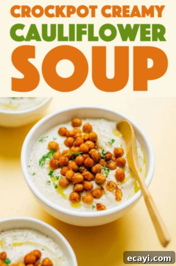 This Crockpot Creamy Cauliflower Soup has just a handful of ingredients and requires almost no prep time. Throw it in the Crockpot and let it cook! #crockpot #slowcooker #chickpeas #cauliflower #cauliflowerrecipes #cauliflowersoup #souprecipes #soup #dinnerrecipes Crockpot Creamy Cauliflower Soup