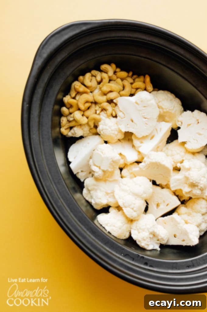 Crockpot Creamy Cauliflower Soup: the perfect slow cooker dinner recipe! Ingredients in slow cooker
