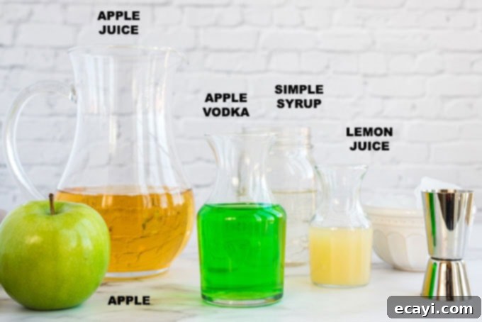 Crisp Apple Charm 2 Ingredients laid out for an Appletini: apple juice, apple vodka, lemon juice, and simple syrup in small glass containers