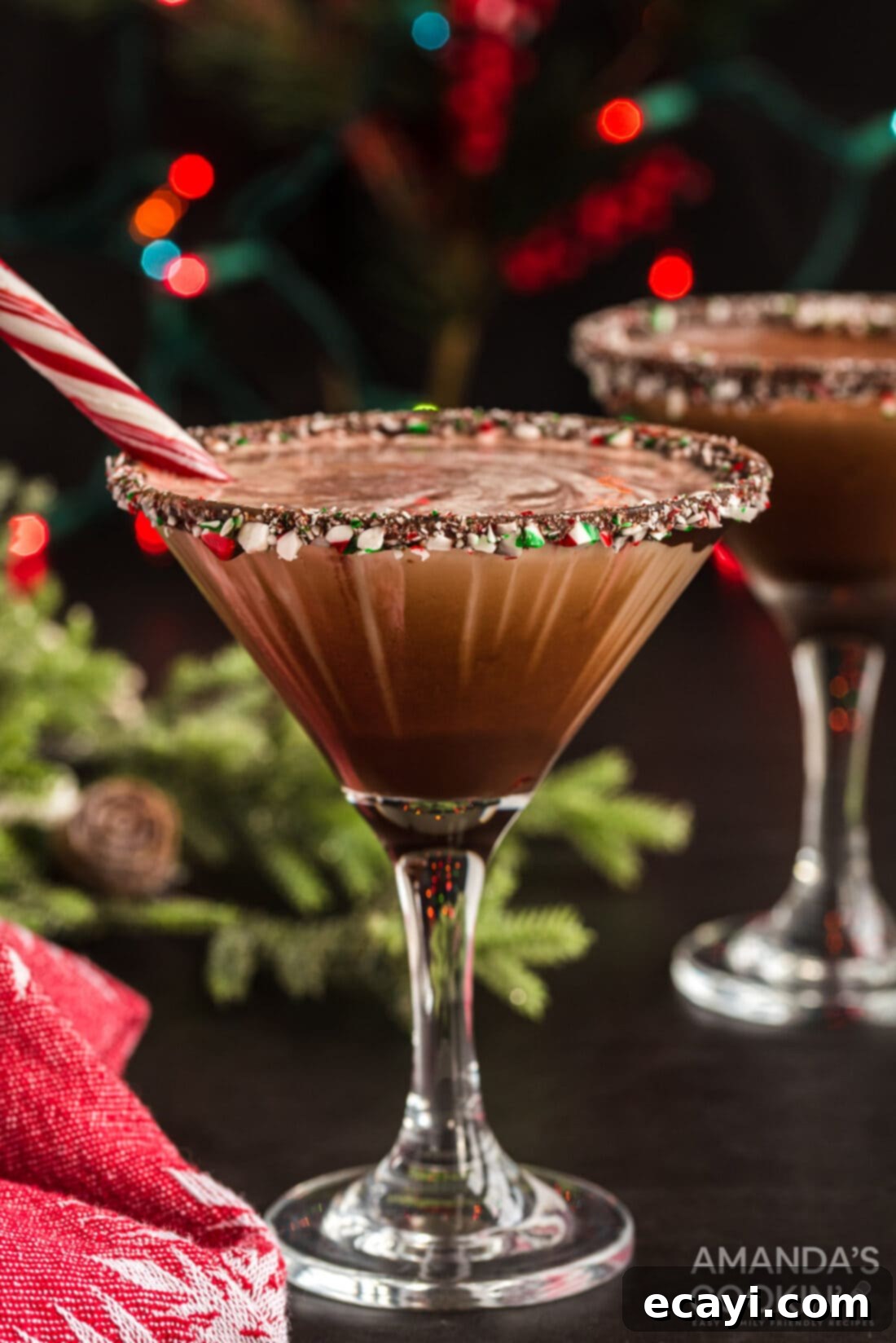 This chocolate peppermint martini is the perfect Christmas cocktail! Make for your holiday gatherings or for a tasty cocktail with Christmas dinner. #peppermint #martini #cocktails #chocolate #chocolatemartini #peppermintmartini #holidaycocktail #christmas #christmasparty #vodka #partydrinks A beautifully garnished Chocolate Peppermint Martini, ready to be served at a holiday party.