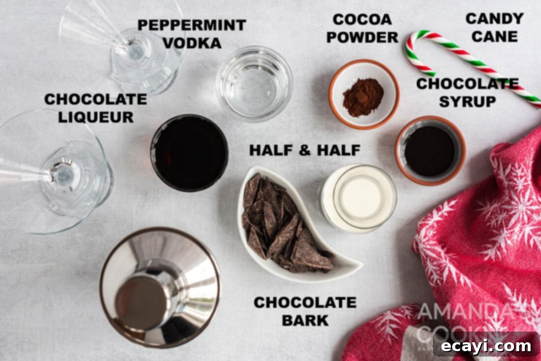 Frosted Mint Chocolate Bliss 2 Lay-flat image showing all ingredients needed for a Chocolate Peppermint Martini, clearly labeled.