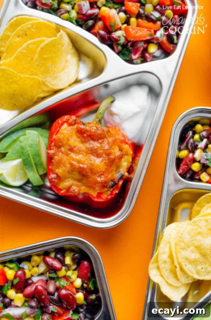These easy to prepare stuffed pepper meal prep boxes are full of flavor and perfect for getting ahead of the game with your meals for the week! #mealprep #mealprepboxes #vegetarianmealprep #quinoa #stuffedpeppers #beansalad #lunch #dinner Delicious Stuffed Pepper Meal Prep Boxes arranged for a healthy week