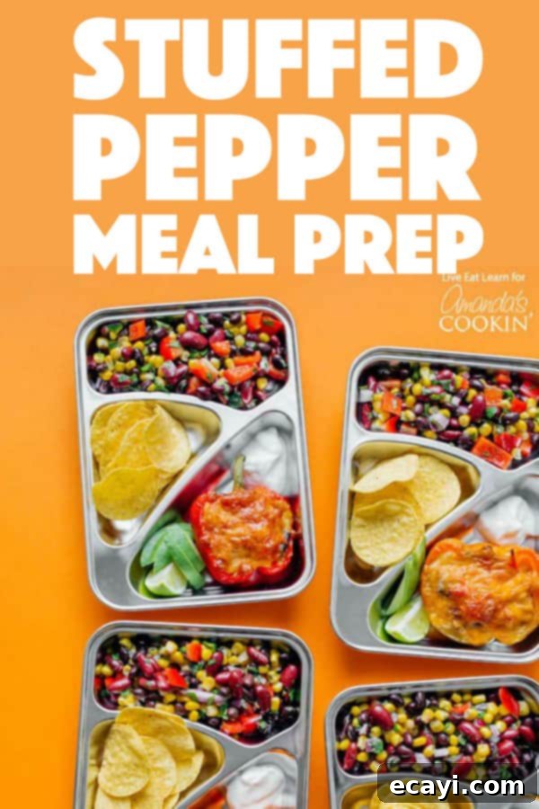 These easy to prepare stuffed pepper meal prep boxes are full of flavor and perfect for getting ahead of the game with your meals for the week! #mealprep #mealprepboxes #vegetarianmealprep #quinoa #stuffedpeppers #beansalad #lunch #dinner Stuffed Pepper Meal Prep Boxes ready for the week