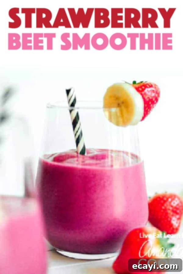 A complete Strawberry Beet Smoothie recipe visual, showcasing the drink and its healthy ingredients Beautifully presented Strawberry Beet Smoothie recipe with fresh ingredients on the side