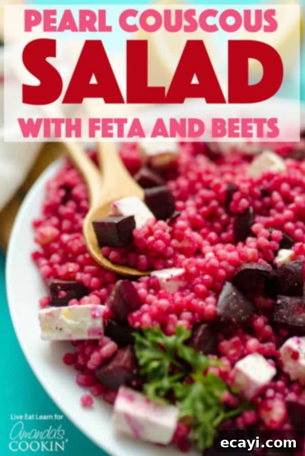Enjoy this delightful Pearl Couscous Salad with Feta and Beet – a healthy, easy, and vegetarian side dish perfect for any meal. #couscous #feta #beets #dinnersides #sidedish #healthy #healthysides #salad #sidesalad #vegetarian Beautifully presented Pearl Couscous Salad with Feta and Beets in a bowl, garnished with fresh herbs and ready for serving at a gathering.