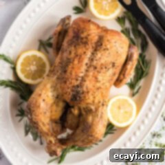 Golden Herb Roasted Chicken 11 Beyaz bir servis tabağında kızarmış tavuğun yakın çekim fotoğrafı