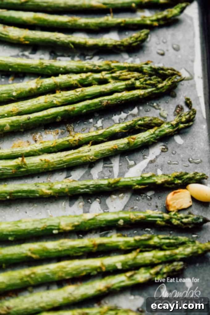 Easy Roasted Asparagus Recipe: Healthy Side Dish Perfect for Any Dinner Close up photo of Roasted Asparagus on a sheet pan