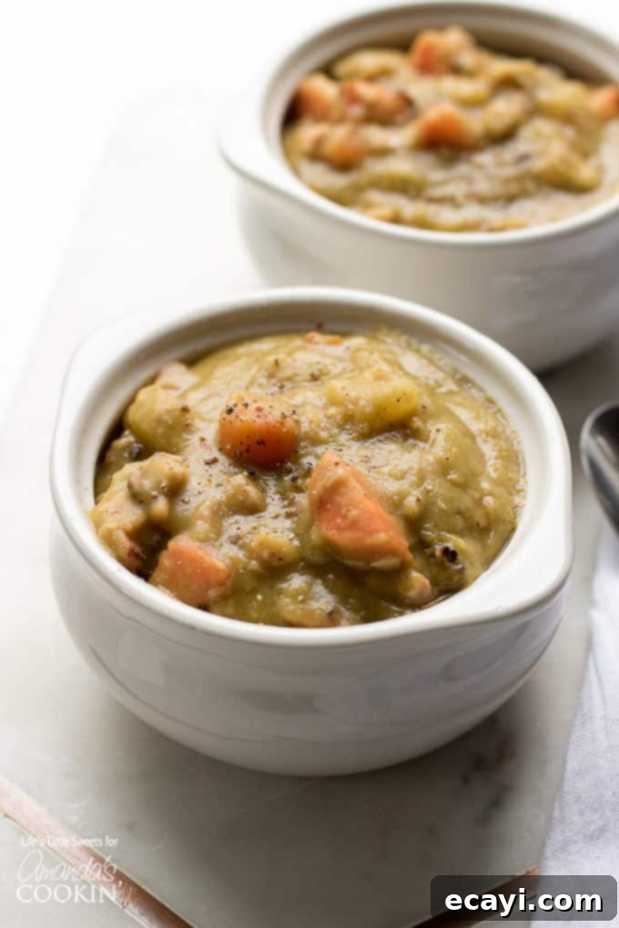 Hearty Split Pea Soup with Ham, a perfect winter meal packed with flavor and nutrients. Split Pea Soup in bowl topped with pepper, highlighting its hearty texture